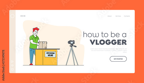 Online Parcel Unpacking Vlog Landing Page Template. Influencer Character Unboxing Purchase Recording Video for Internet