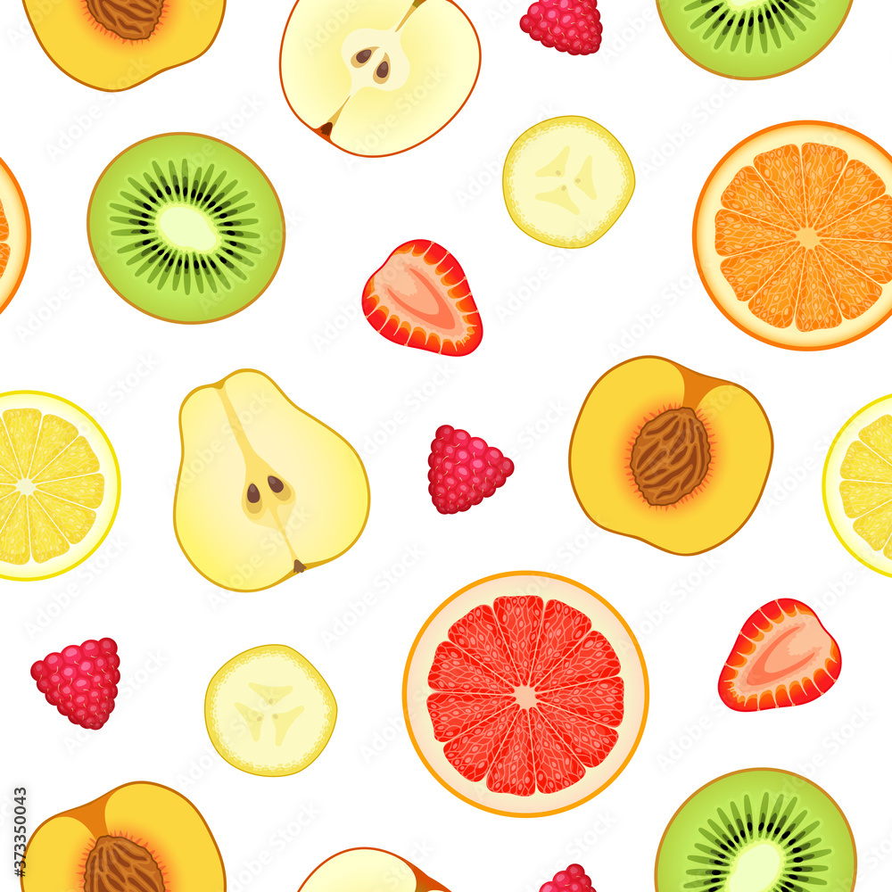 Seamless pattern with various sliced ripe fresh fruits and berries Seamless pattern with various sliced ripe fresh fruits and berries