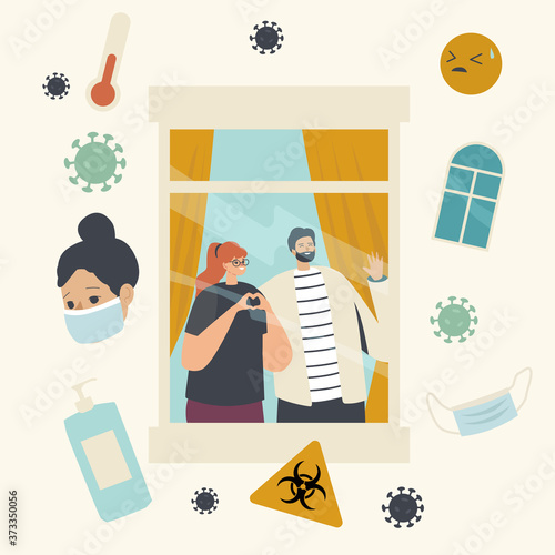Stay Home during Quarantine and Covid19 Self Isolation Concept. Woman and Man Characters Looking Out through Window