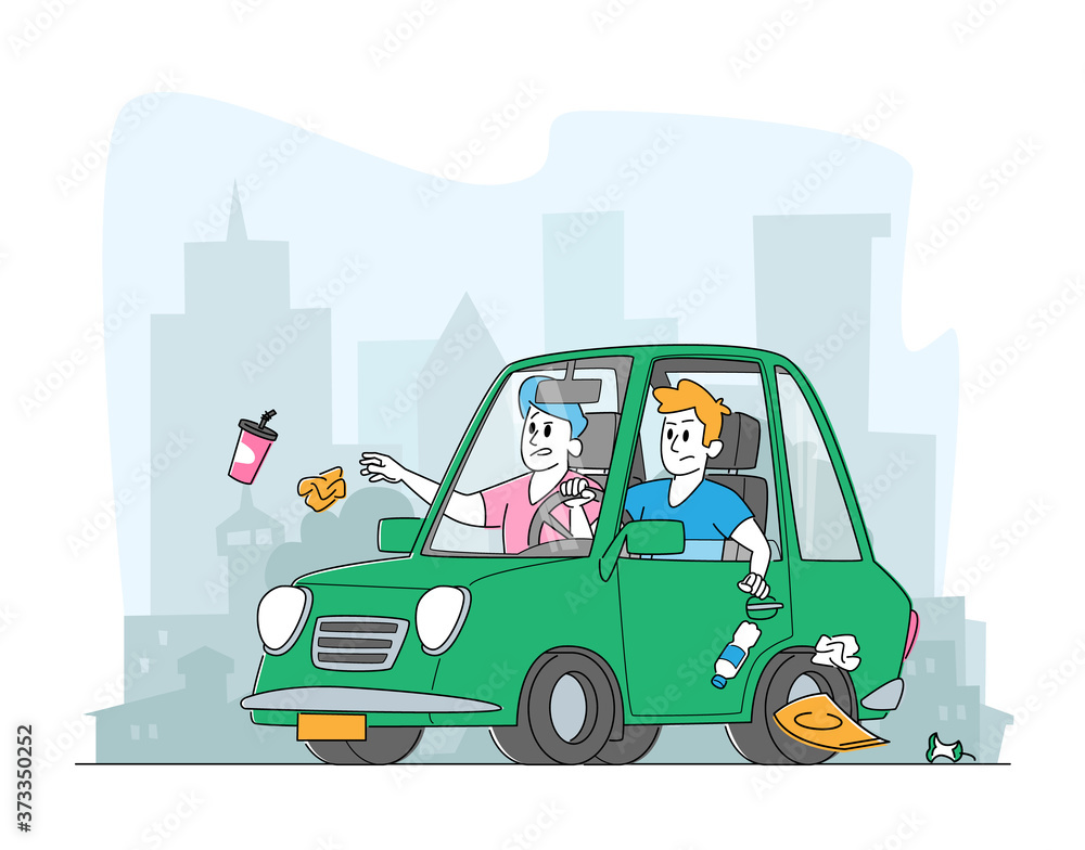 Men Throwing Litter through Car Window on Cityscape Background. People Leaving Garbage on Street, Environment Pollution Men Throwing Litter through Car Window on Cityscape Background. People Leaving Garbage on Street, Environment Pollution