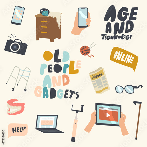 Set of Icons Seniors and Gadget Theme. Old People Use Devices Tablet Pc, Laptop and Smartphone, Smart Watches and Camera