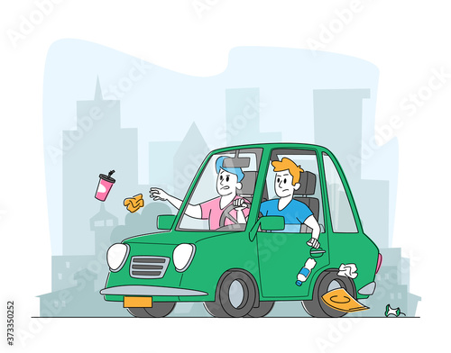 Men Throwing Litter through Car Window on Cityscape Background. People Leaving Garbage on Street, Environment Pollution