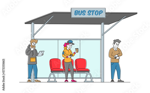 Characters Stand on Bus Station. Woman with Coffee Reading Message on Smartphone, Businessman Watching on Watches