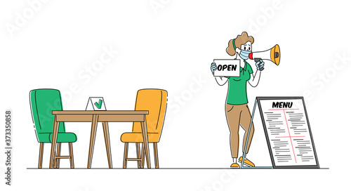 Waitress or Promoter Character Wear Protective Equipment for Covid Contagious Pandemic Protection Yelling to Loudspeaker