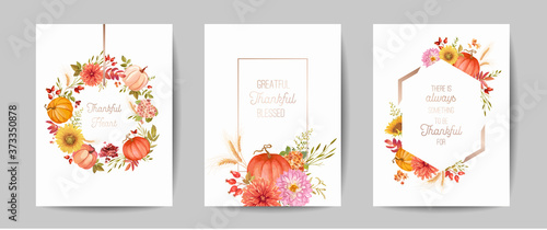 Set of Thanksgiving Day greeting, invitation card, flyer, banner, poster template. Autumn pumpkin, flower, leaves, floral design elements. Vector illustration