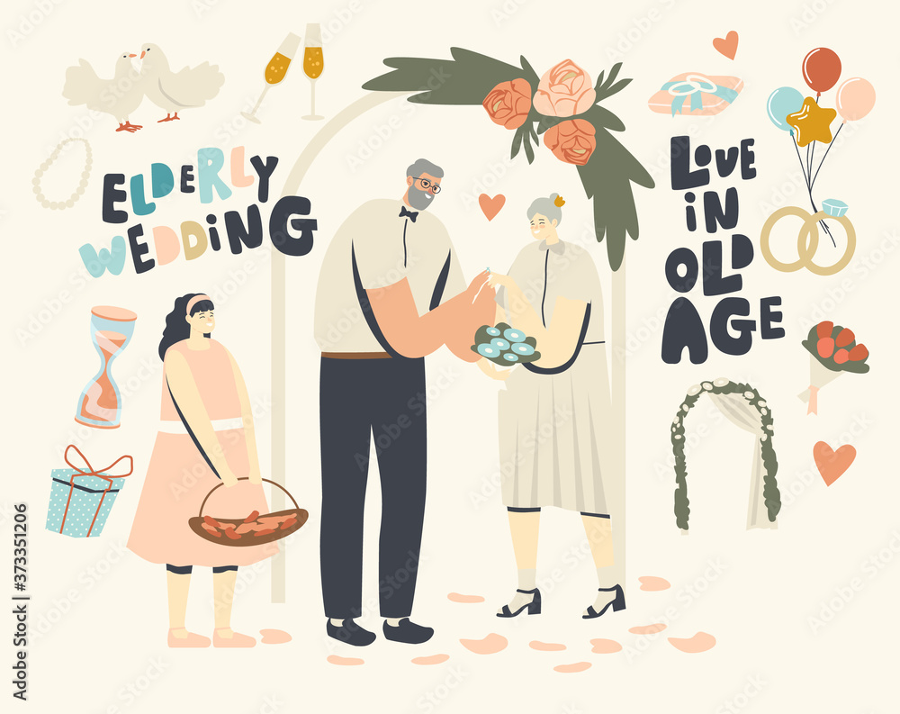 Senior Characters Wedding Ceremony. Happy Bridal Couple Man and Woman Get Married Changing Rings. Aged Bride and Groom Senior Characters Wedding Ceremony. Happy Bridal Couple Man and Woman Get Married Changing Rings. Aged Bride and Groom