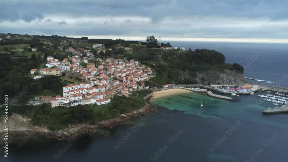 Beautiful beach in Lastres. Asturias. Colunga, Spain. Aerial Drone Footage Beautiful beach in Lastres. Asturias. Colunga, Spain. Aerial Drone Footage