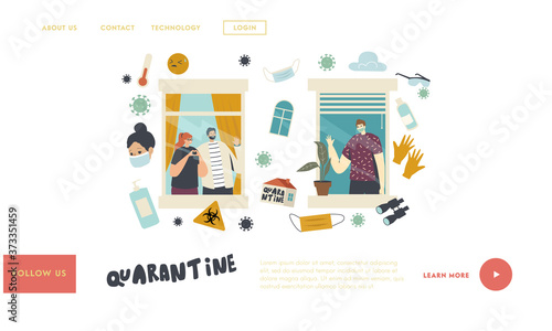 Characters Stay Home During Coronavirus Pandemic Isolation Landing Page Template. Neighbors in Apartments, Communicate
