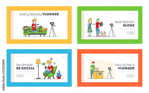 Unpack Vlogging Landing Page Template Set. Mail Delivery, Social Media Vloggers Characters Opening Parcel Boxes Online