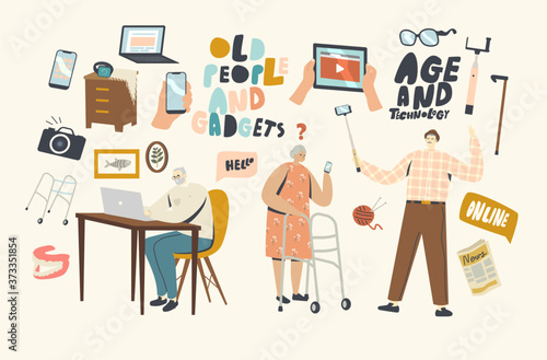 Senior People Using Smart Devices. Aged Male and Female Characters Learn How to Use Gadgets, Making Selfie on Smartphone