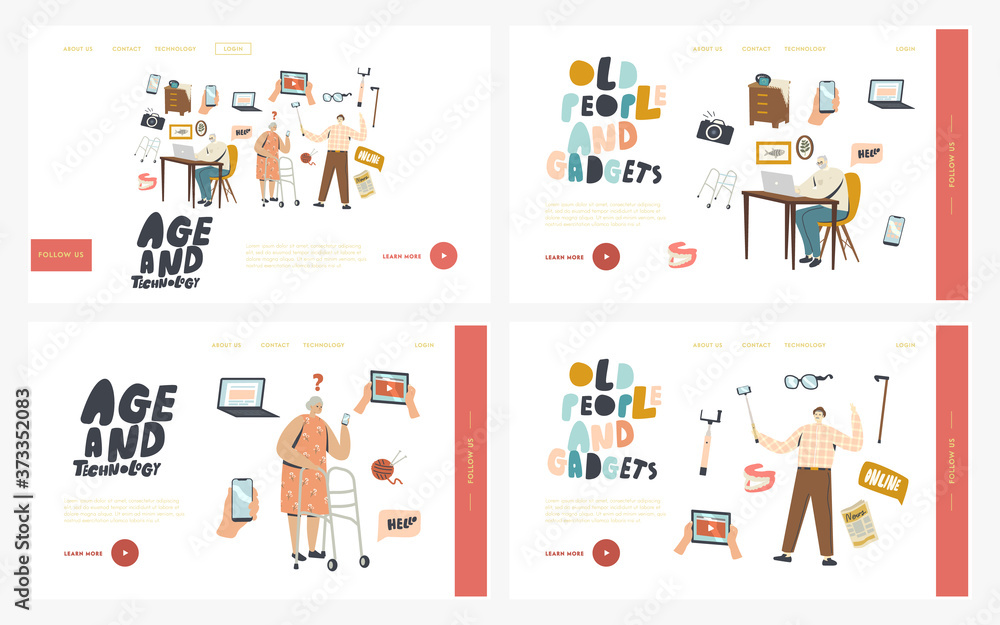 Senior People Using Smart Devices Landing Page Template Set. Aged Pensioner Characters Learn How to Use Gadgets, Selfie Senior People Using Smart Devices Landing Page Template Set. Aged Pensioner Characters Learn How to Use Gadgets, Selfie