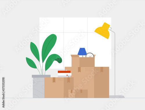 People relocated to new home, moving to new house. Paper boxes with various things - a clock, a lamp, flowers. Vector illustration in flat style.