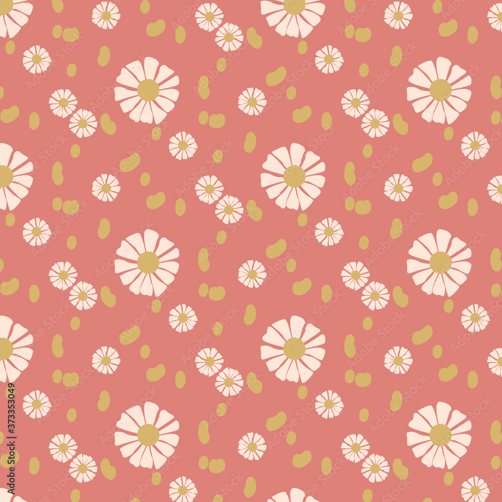 Seamless pattern. Chamomile vector. Repeating cute daisies and dots. Floral background. Timeless feminine print.
