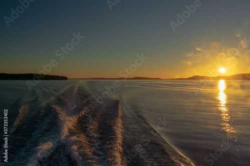 Boat Wake Through Rosario Strait, Washington, at Sunset