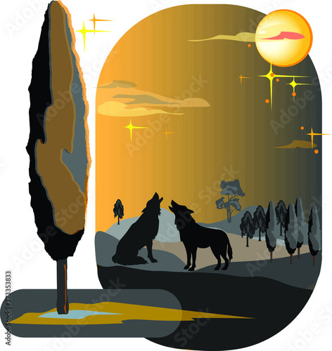 Night landscape with  howling at the moon wolves against the backdrop of mountains, hills and trees poplar trees in an original frame. Vector illustration for design.