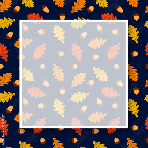 Translucent square frame on oak leaves and acorns pattern background.