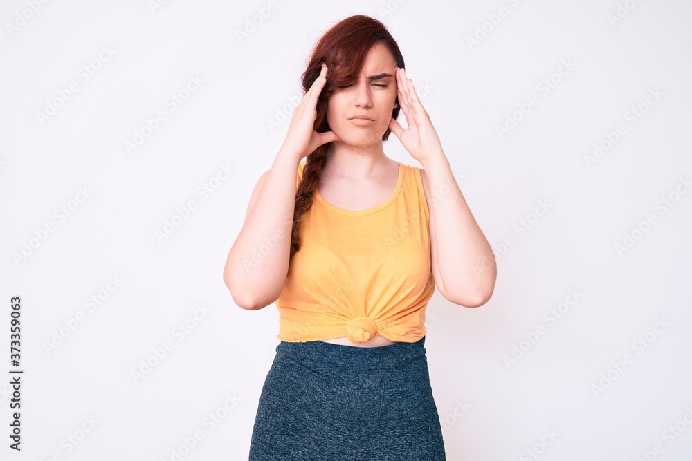 Young beautiful woman wearing casual clothes with hand on head, headache because stress. suffering migraine.