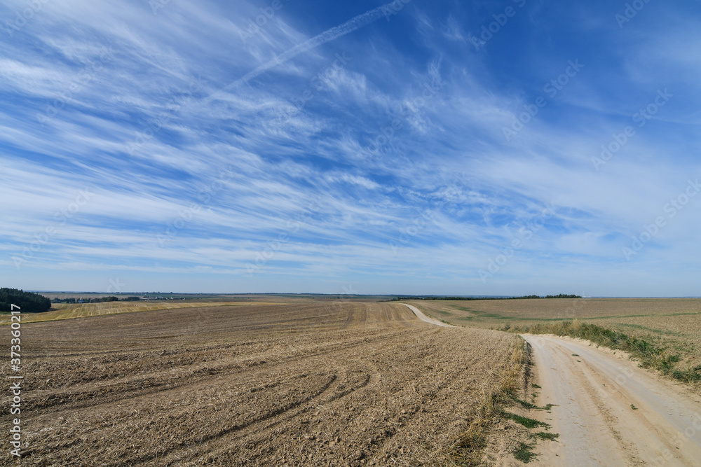 Autumn rural scenery of the dirt road running through cultivated agricultural fields, background of amazing blue sky. Copy space. Autumn rural scenery of the dirt road running through cultivated agricultural fields, background of amazing blue sky. Copy space.