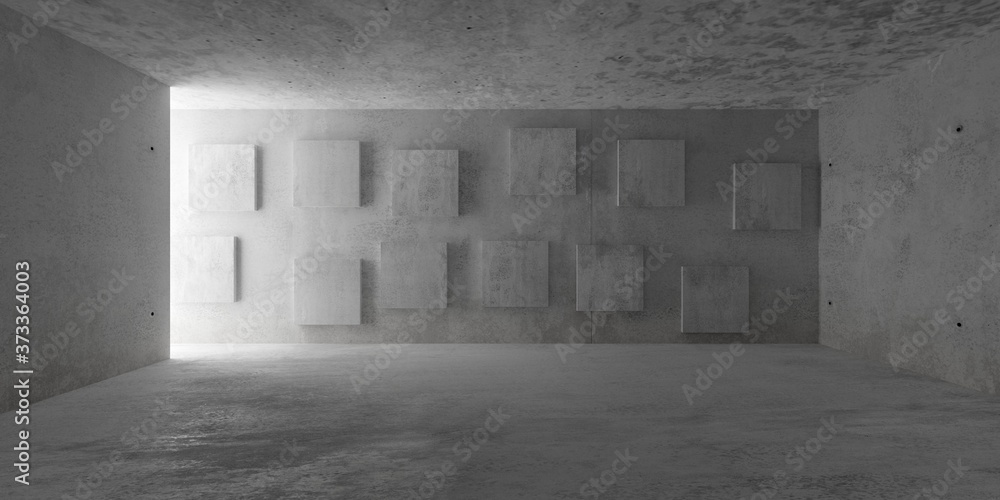 Abstract empty, modern concrete room with indirect lighting from side wall and square pattern backwall - industrial interior background template Abstract empty, modern concrete room with indirect lighting from side wall and square pattern backwall - industrial interior background template