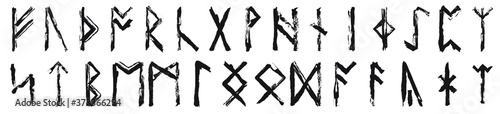 Set of the Anglo-Saxon runes. Runes used by the early Anglo-Saxons as an alphabet in their writing system. Black ink handwriting. Vector	