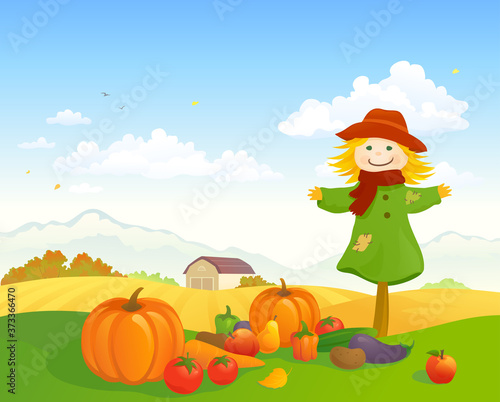 Farm harvest scene with a cute scarecrow