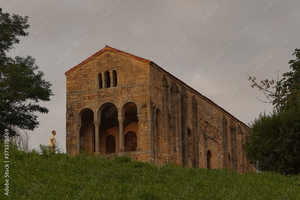 Romanesque Church San Miguel Lillo.Oviedo Asturias, Spain. Aerial Drone Footage