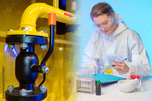 Woman chemist next to a yel...