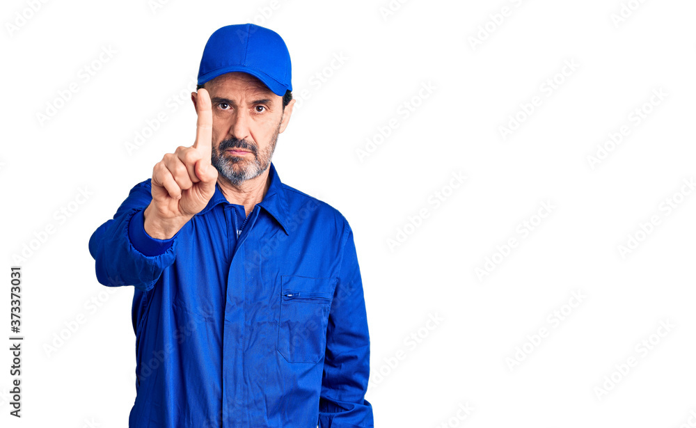 Middle age handsome man wearing mechanic uniform pointing with finger up and angry expression, showing no gesture Middle age handsome man wearing mechanic uniform pointing with finger up and angry expression, showing no gesture