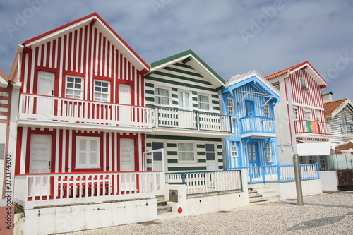 Typical wooden striped houses Costa Nova, Aveiro, Portugal