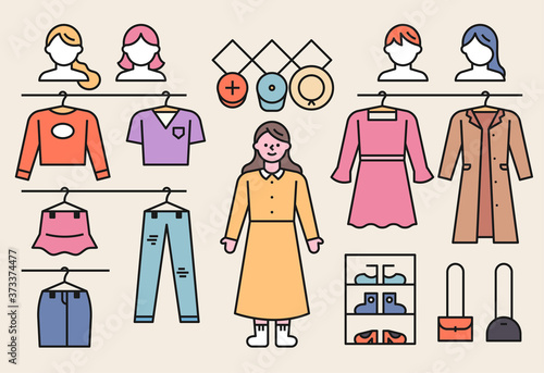 Dressing room fashion items and character sets. flat design style minimal vector illustration.