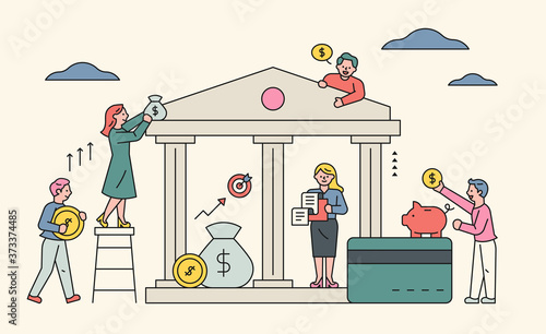 People manage around iconic bank buildings and financial items. flat design style minimal vector illustration.