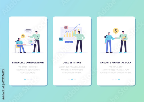 Mobile page template for financial business illustrations. flat design style minimal vector illustration.