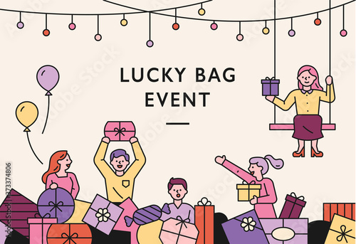 People looking for a lucky box in a pile of gift boxes. flat design style minimal vector illustration.