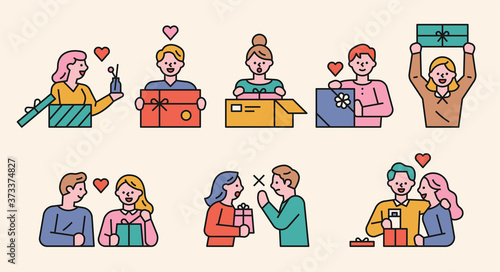 Happy people receiving a gift box. flat design style minimal vector illustration.