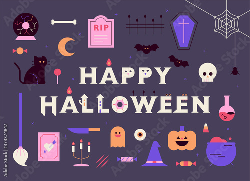  Halloween object icons. Decorated cute letters. flat design style minimal vector illustration.
