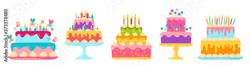 Birthday cakes flat set. Cartoon colorful delicious desserts. Party design elements, candles and chocolate slices, cream. Holiday party sweets pie. Vector illustration isolated on white background