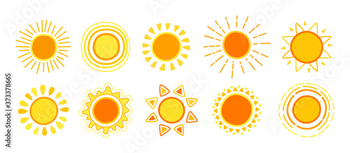 Sun flat set. Various hand drawn cute suns. Funny yellow childish sunny collection. Yellow bright abstract sun sunbeams cartoon summer. For poster, print, card or books. Isolated vector illustration