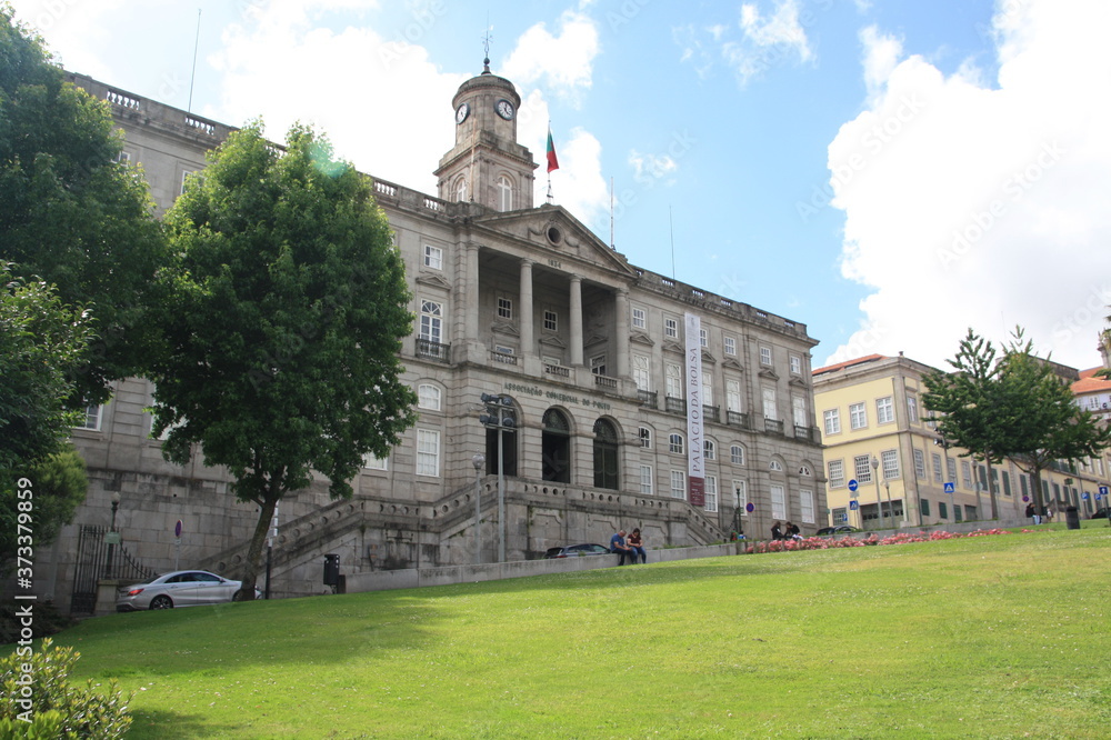 Palacio da Bolsa and statue of Infante Dom Henrique in Porto, Portugal.