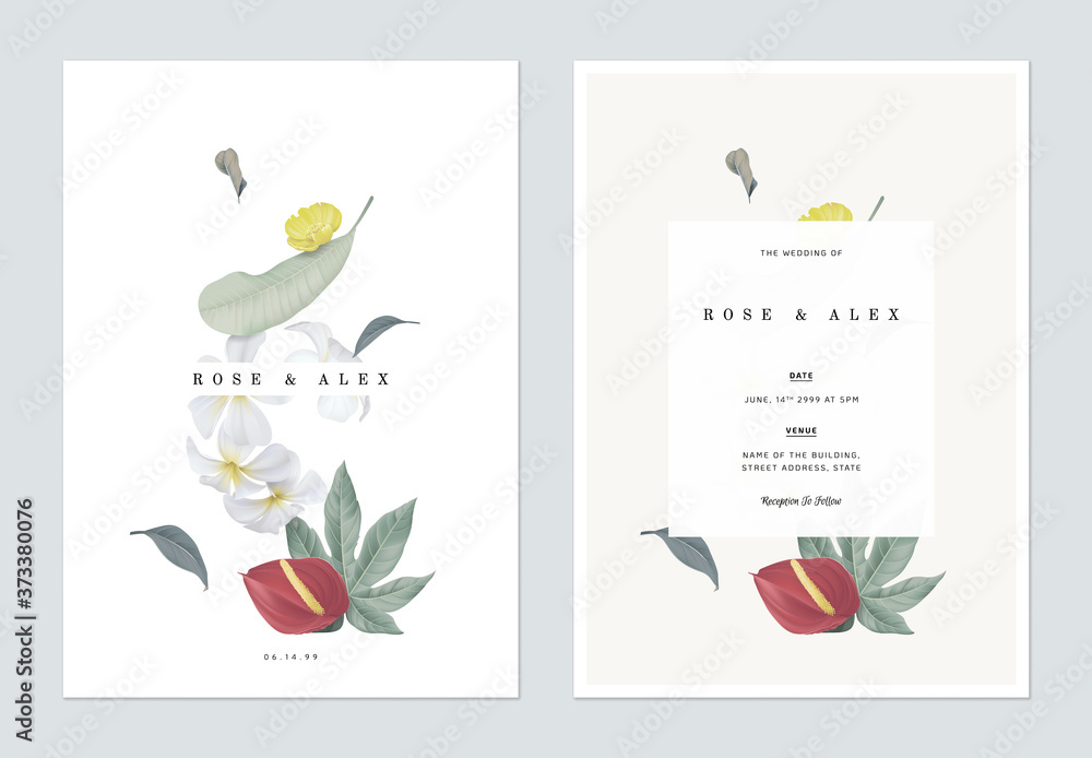 Floral wedding invitation card template design, various flowers and leaves