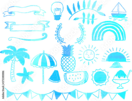 Summer hand drawn material set using cold color watercolor textu