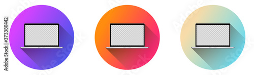 Set of 3 vector laptops, within gradient circles, with fading long shadow. TRANSPARENT hole in the laptop screen, for image.
