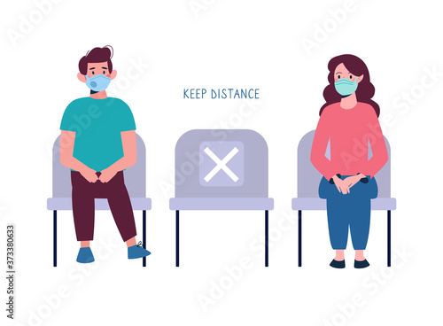 Children keep their distance, sit in line. A socially safe distance between boy and girl on the bench, so as not to spread the virus, COVID-19 coronavirus. Vector illustration, cartoon style