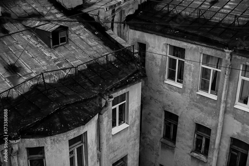 Black and white photo, view of the roofs of St Petersburg.