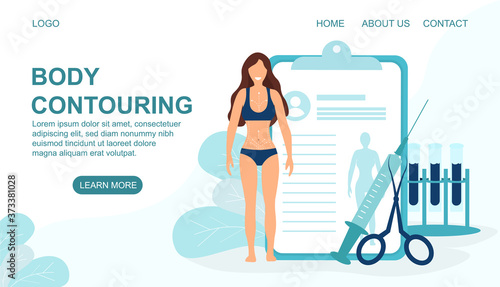 Web page template for body contouring treatments with sexy woman in bikini and medical icons, colored vector illustration