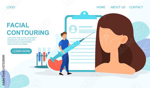 Plastic Surgery web page template for facial contouring showing young woman and surgeon with hypodermic, colored vector illustration © Rudzhan