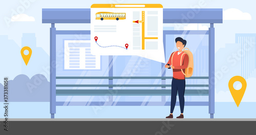 Bus tracking system with person waiting at at the bus stop tracking the vehicle on an online transport app, colored vector illustration