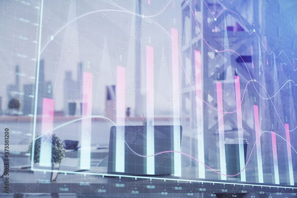 Double exposure of stock market graph drawing and office interior background. Concept of financial analysis. Double exposure of stock market graph drawing and office interior background. Concept of financial analysis.