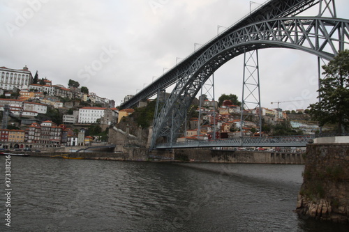 View on ancient city Porto,metallic Dom Luis bridge, Ribeira, Porto, Portugal