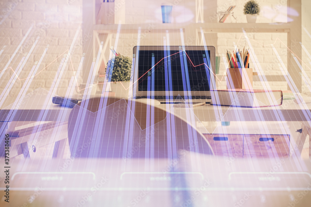 Double exposure of financial graph drawing and office interior background. Concept of stock market. Double exposure of financial graph drawing and office interior background. Concept of stock market.