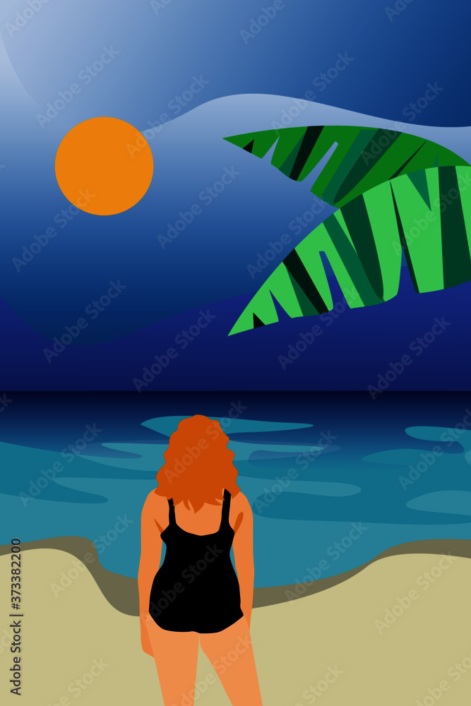 Curvy woman on the beach. Tropical vacation scene with copy space, tropical foliage and sunset with copy space